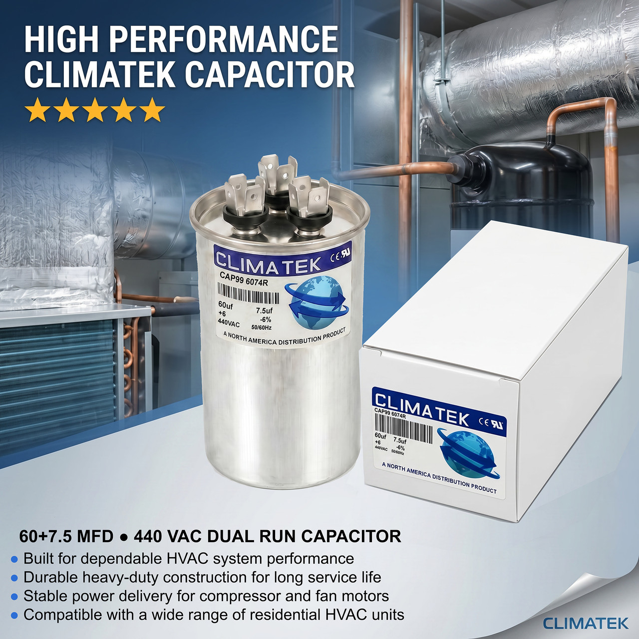 HC98JA062 - ClimaTek 60/7.5 uf MFD 370 Volt Capacitor Replaces